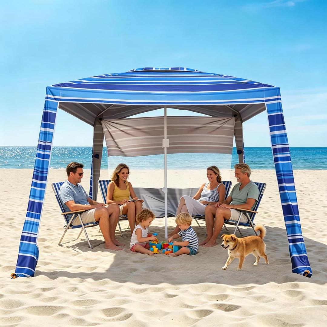 8'x8' Beach Cabana, UPF 50+ Large Beach Canopy with Side Wall, Easy Setup Pop Up Sun Shelter, Adjustable Height & Wind Resistant Beach Tent for 4-6 Person Family, Navy Blue, 96"L x 96"W x 108.2"H