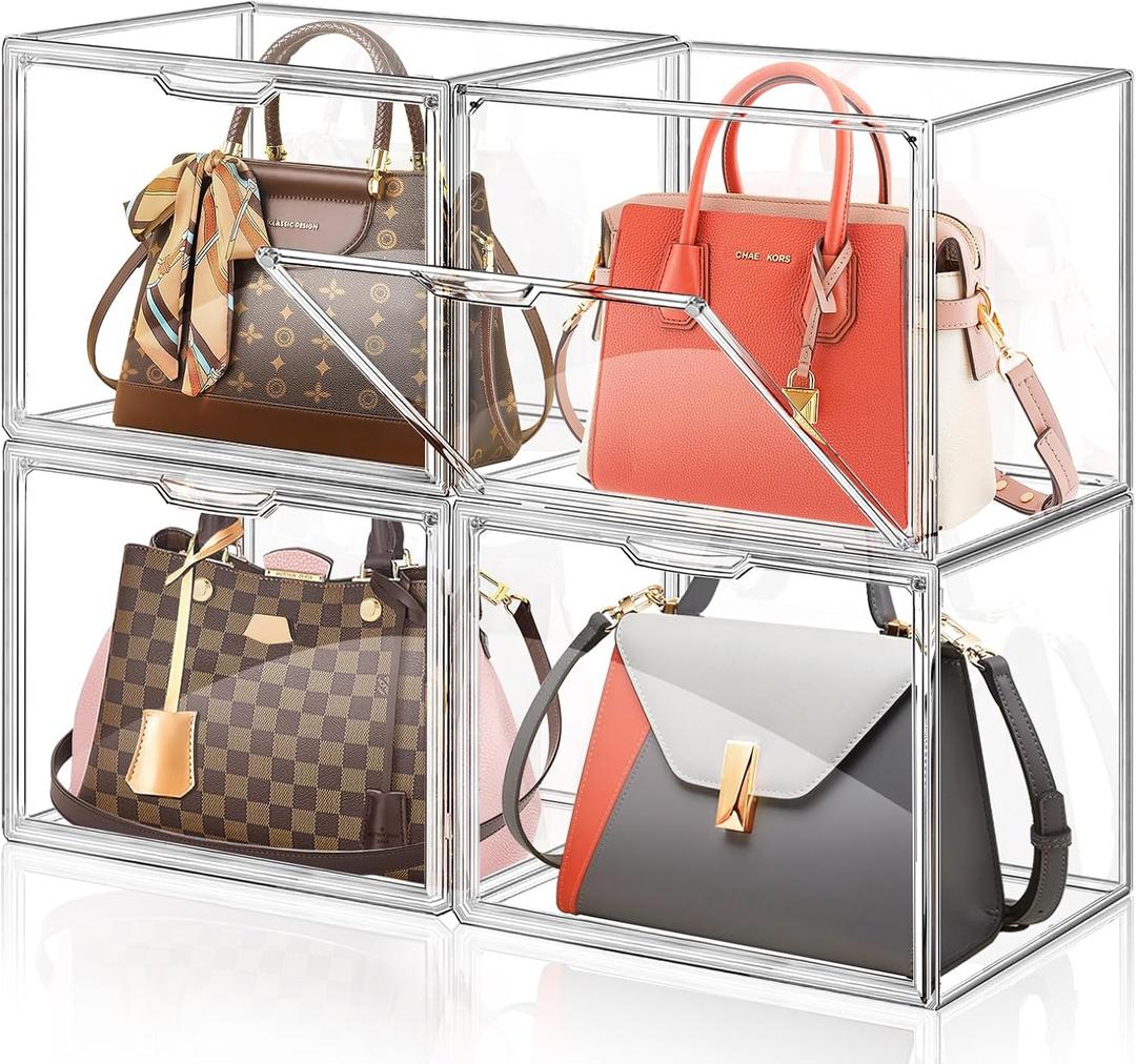 ULENDIS 4 Packs Plastic Purse Storage Organizer for Closet, Clear Display Case for Purse and Handbag, Stackable Storage Boxes Organizer with Magnetic Door for Wallet Book Cosmetic Toys Display