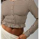 SOLY HUX Women's Striped Button Down T Shirts Dressy Casual Peplum Long Sleeve Knit Crop Tops Multicoloured Striped Large (L)