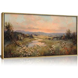 Framed Vintage Sunset Landscape Wall Art, Wildflower Meadow Canvas Print, 40"L x 20"W