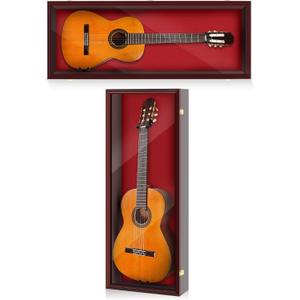 Electric/Acoustic Guitar Display Case Wall Mount Guitar Case Cabinet Shadow Box with Hanger Stand and Lock 98% UV Protection Acrylic Clear Door for Musician Collection(Red Brown,45'')