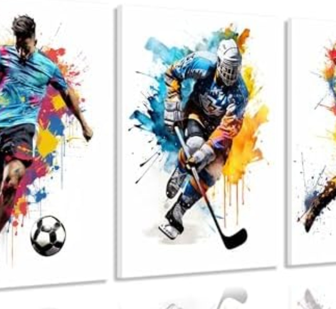 3Pcs Soccer Graffiti Canvas Wall Art Baseball Lce Hockey Pictures Wall Decor Physical Education Player Posters Prints Paintings for Teenagers Children'S Room Sports Enthusiasts Home Decoration Pack of 2
