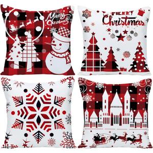 Set of 4 Happy Winter Snowflake Merry Christmas Tree Red Castle Deer with Snowman Cotton Linen Throw Pillow Case Cushion Cover Decorative for Sofa Living Room Square 24X24 Inches