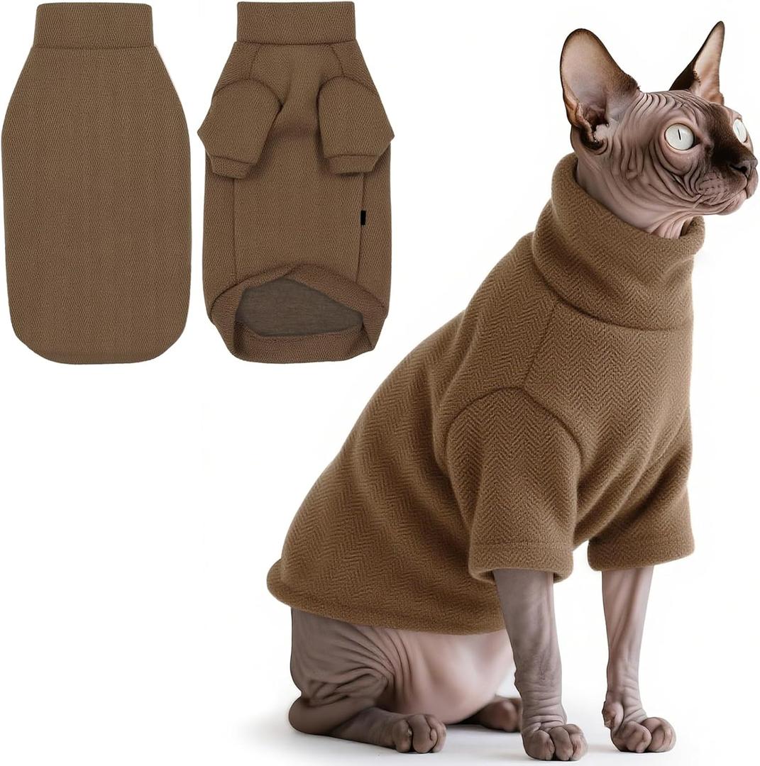 Idepet Sphynx Cat Warm Turtleneck Sweater Hairless Cats Shirt Pullover Kitten T-Shirts Thick Soft Fleece Clothes Cute Outfit Coat Pajamas for Cats and Puppy (Coffee, Medium)