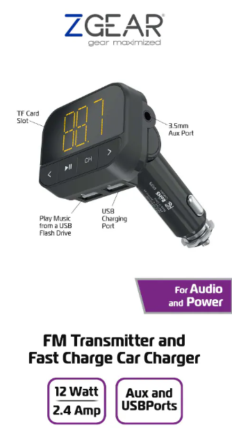 FM Transmitter fast Charge Car charger 12 Watt 2.4 amp AUX and USB ports for Audio and Power FM Transmitter fast Charge Car charger 12 Watt 2.4 amp AUX and USB ports for Audio and Power