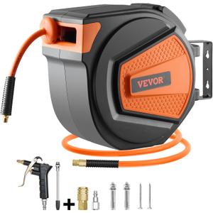 VEVOR Retractable Air Hose Reel, 3/8IN x 65FT Hybrid Air Hose Max 300PSI, Air Compressor Hose Reel Auto-Rewind with 6.6 FT Lead in, Ceiling/Wall Mount Enclosed PP Reel & Built-in 180 Swivel Bracket