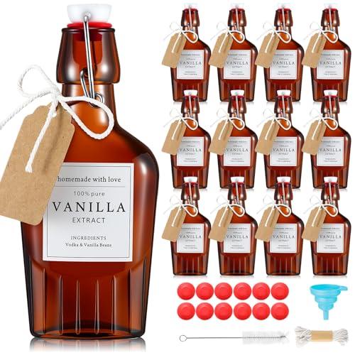 Acellegic 12 Set Swing Top Glass Flask Homemade Vanilla Extract Bottles with Stoppers Stickers Jar Brush Funnel Rope Labels Bottle for Holiday DIY Crafts Christmas Wedding Gifts(Amber,5oz)