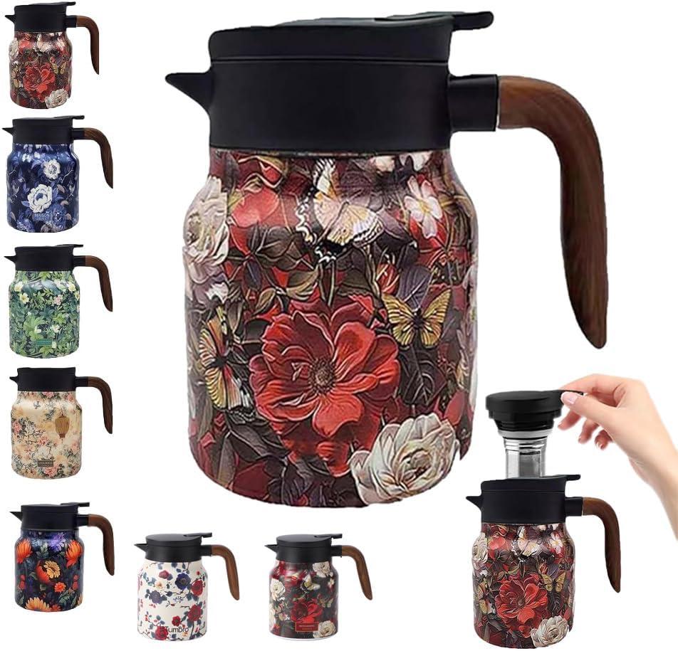 Vintage Floral Pattern Tea Pots Built-in Infuser,Vintage Floral Teapot with Built In Infuser Stainless Steel Thermal Carafe with Lid for Hot Drinks,Red(Wooden handle,35oz)