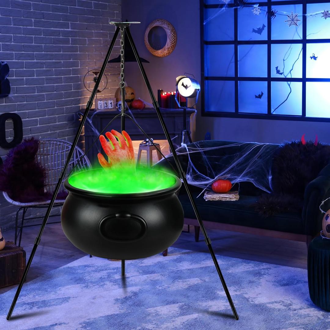 Halloween Decorations Outdoor, 12.6 Large Witches Cauldron Kettle on Tripod with Fake Hand, LED Lights, Black Plastic Cauldron Candy Decoration for Yard Home Porch Outside