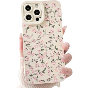 Compatible with iPhone 14 Pro Case Cute Aesthetic Flower Floral Vintage Rose Pattern Design for Women Girls Soft TPU White Back Shockproof Protective Phone Cover. Red Roses