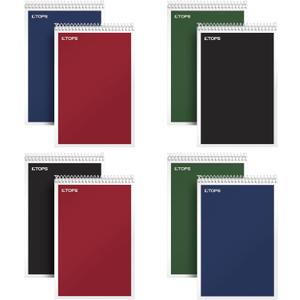 TOPS Spiral Steno Books 8 Pack, 6" x 9", Gregg Rule White Paper, Assorted Covers, 80 Sheets per Book/8 Books per Pack, Red, Black, Blue, Green (80219)