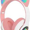 Kids Bluetooth Wireless Over-Ear Cat Ear Headphones with Microphone for Kids Teens Adults (Pink)