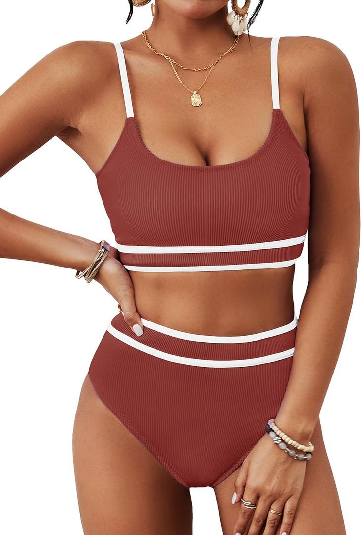 BMJL Women's High Waisted Bikini Ribbed Two Piece Swimsuit High Cut Color Block Adjustable Straps Bathing Suit (Medium, Brick Red043)
