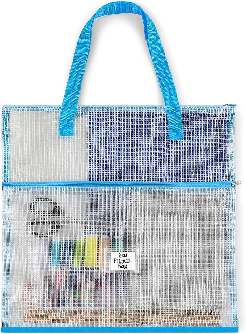Cosblank 16.1x16.1inches Sew Project Bag Jumbo Sew Quilting Bag for Quilters and Crafter Portable and Organized Storage Mesh Vinyl Zipper Storage Pouch for Art and Wearable Craft(Blue)