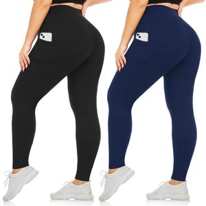yeuG Women's Plus Size Leggings with Pocket-High Waist Tummy Control Yoga Pants Workout Running Black Leggings (Black, XL)