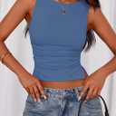 PRETTYGARDEN Women Going Out Tops Summer Clothes 2025 Trendy Split Hem Ruched Sleeveless Shirt Cute Y2K Tank Top (Blue, XXL)