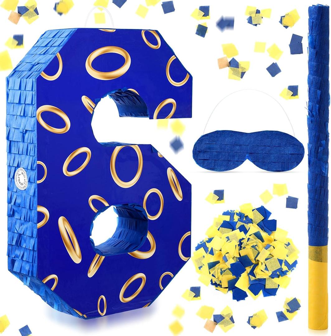 Simgoing Number 6 Blue and Golden Rings Piata for Kids Birthday Cartoon Theme Small Piata with Blindfold Stick Confetti for Fiesta Cinco De Mayo Party Decor, 15.8 x 11 x 2.8 Inch