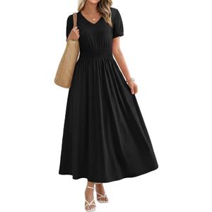 OFEEFAN Maxi Dresses for Women V Neck Ladies Midi Long Dress A Line Smocked Waisted Casual Summer Spring Clothes Boho Beach