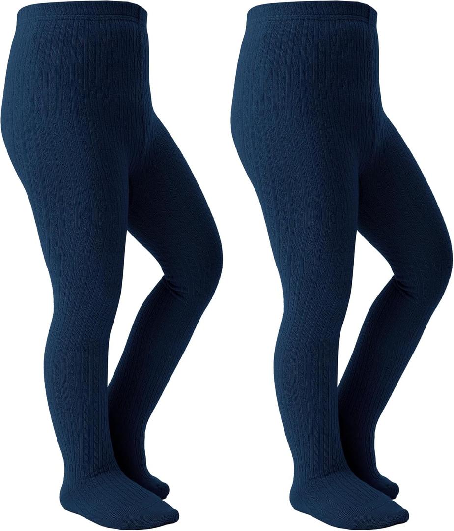 Girls Tights Seamless Toddler Stockings Tights Soft Cotton Cable Knit School Girls Leggings 4-12 Years (8-10 Years, 2 Pack Navy)