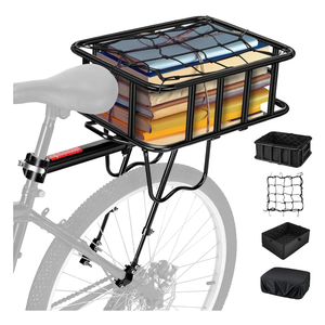 Rear Bike Rack with Basket, 110 LB Capacity Universal Bike Basket Rear, Aluminum Alloy Bike Cargo Rack for Back of Bike with Free Bungee Cord & Waterproof Cover & Installation Tool