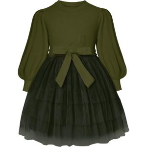 Toddler Girl Tulle Dress Puff Long Sleeves Tutu Dresses with Tie Belt for Princess Brithday Party 1-6T