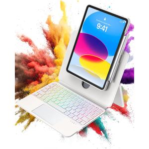 Clear Magnetic Keyboard Case for iPad A16 11th Gen 11" 2025 & 10th Gen 10.9" 2022, 7-Color Backlight & Native Gesture Trackpad & Kickstand, Lift Top Detachable Protective Cover with Pen Holder, White