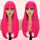 Hot Pink Long Straight Layered Wig with Bangs for Women 26 inch Put on Go Realistic Synthetic Fiber Heat Resistant Natural Wig for Girls Party Cosplay and Daily Use