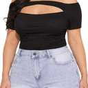 MakeMeChic Women's Plus Size Off Shoulder Tee Cut Out Ruched T-Shirt Short Sleeve Slim Fitted Tee Shirt Tops, Size 2XL, Black