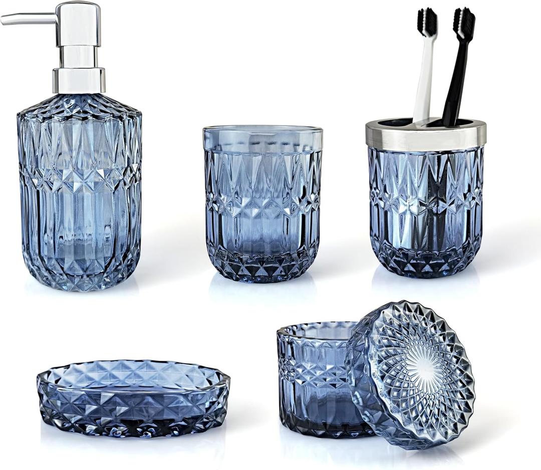 Blue Bathroom Accessories Set, 5Pcs Clear Glass Bathroom Set, Bathroom Hand Soap Dispenser Set, Soap Dish, Toothbrush Holder Set, Qtip Holder, Vanity Bathroom Decor, Set