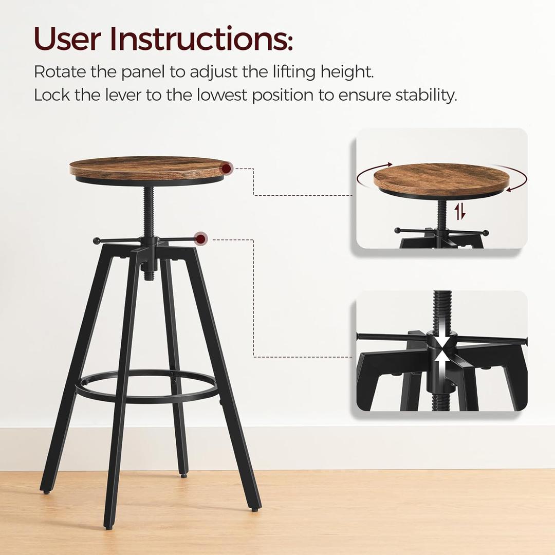 Bar Stools, Height Adjustable Swivel Bar Stool, Counter Height Bar Stool, Industrial Bar Stools, Vintage Round Bar Chair with Sturdy Metal Frame, Rustic Brown 