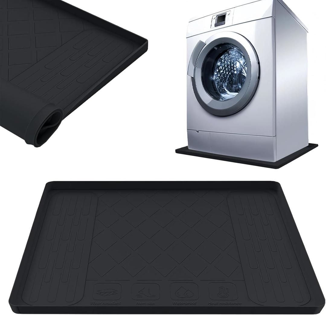 27270.79inch Washer Drain Pan Silicone Mat, Waterproof Anti-Vibration Non-Slip Washer Drip Tray, With Raised Edge Washing Machine Silicone Mat, Floor Leak Protector for Laundry RoomBlack