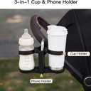 Gromast 3 in 1 Foldable Stroller Cup Holder with Phone Holder, 360 Rotatable Bottle Holder, Universal Cup Holder for Stroller, Wheelchair, Bike, Walker, Scooter, Tricycle - Black