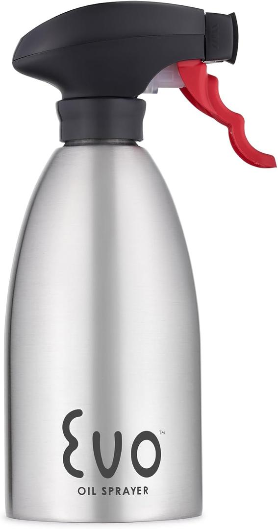 Evo Oil Sprayer 18/8 Stainless Steel, NonAerosol for Olive, Cooking Oils, and Vinegars, Silver, 16Ounce Capacity