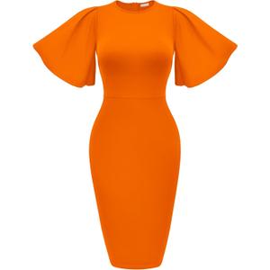 Memoriesea Women's Basic Bodycon Ruffle Flared Short Sleeve Pencil Midi Dress (Medium, Orange)