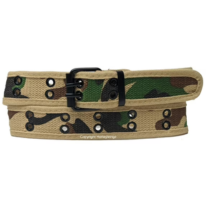 Desert Camouflage 2 Holes Row Metal Grommet Stitched Canvas Fabric Web Belt XL 