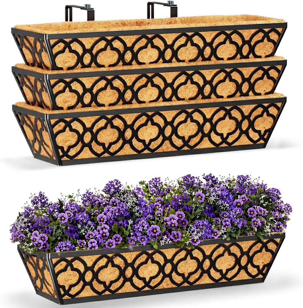 24 Inch Railing Planter Box with Coco Liner, Adjustable Metal Hanging Planter, Window Box for Balcony Deck Fence, Outdoor Flower Box Black, 4 Pack