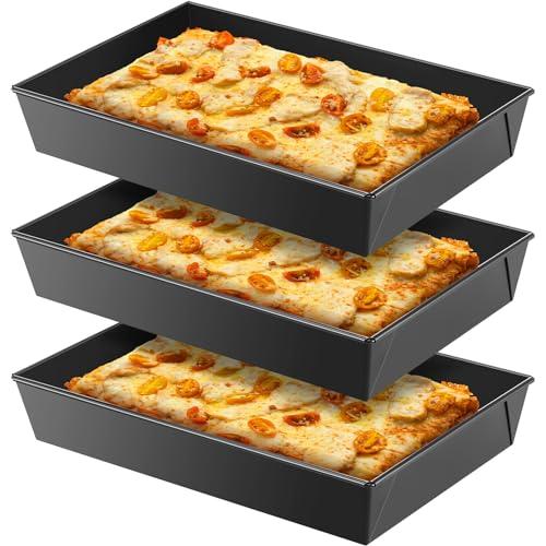RimCereal 3 Pcs Detroit Style Pizza Pan 10 x 14 x 2.36 Inch Non Stick Rectangle Deep Pizza Pans Pre Seasoned Carbon Steel Sicilian Style Pan Dish Bakeware Kitchenware