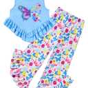 Kids4ever Girls Clothes Girl 2Pc Ruffle Outfits Light Blue Butterfly Tank Tops and Floral Flare Leg Pants for 10T Girls 2Pcs Summer Clothing Set for Kids Party