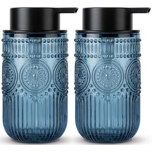Blue Glass Foaming Soap Dispenser, 14 OZ Vintage Embossed Foam Hand Soap Dispenser, Refillable Foam Dispenser with Black Pump for Bathroom, Kitchen Decor, Large Capacity
