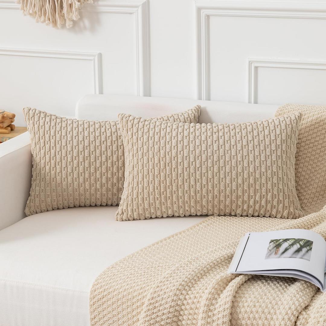 Kevin Textile Throw Pillow Covers Soft Corduroy Decorative Set of 2 Boho Striped Pillow Covers Pillowcases Farmhouse Home Decor for Couch Bed Sofa Living Room 12x20 Inch Beige