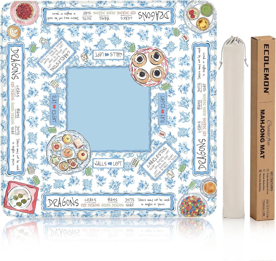 Crease-Free Mahjong Mat for Table, Cute Mahjong Mat with Rules, 31.5x31.5 in Non-Slip Rubber Backing Noise-Reducing American Mah Jongg Mat with Carrying Bag (Chinoiserie&Afternoon Tea Party)