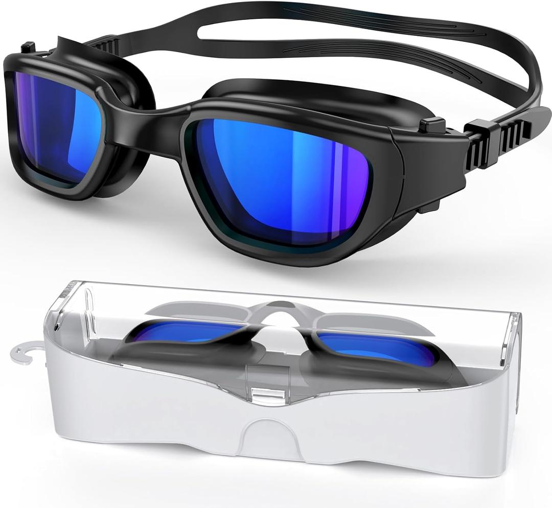 Polarized Swimming Goggles, Unisex Adult Swim Goggles Anti Fog Anti UV Wide View Pool Glasses for Men Women (Black/Polarized Electroplated Blue)