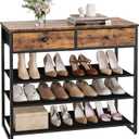Shoe Rack, 4 Tier Shoe Storage Organizer with 2 Drawers, 12-16 Pairs of Shoes, Metal Shoe Storage Shelf with 3 Oxford Fabric Shelves and Wooden Top, Shoe Stand for Closet Entryway, Rustic Brown
