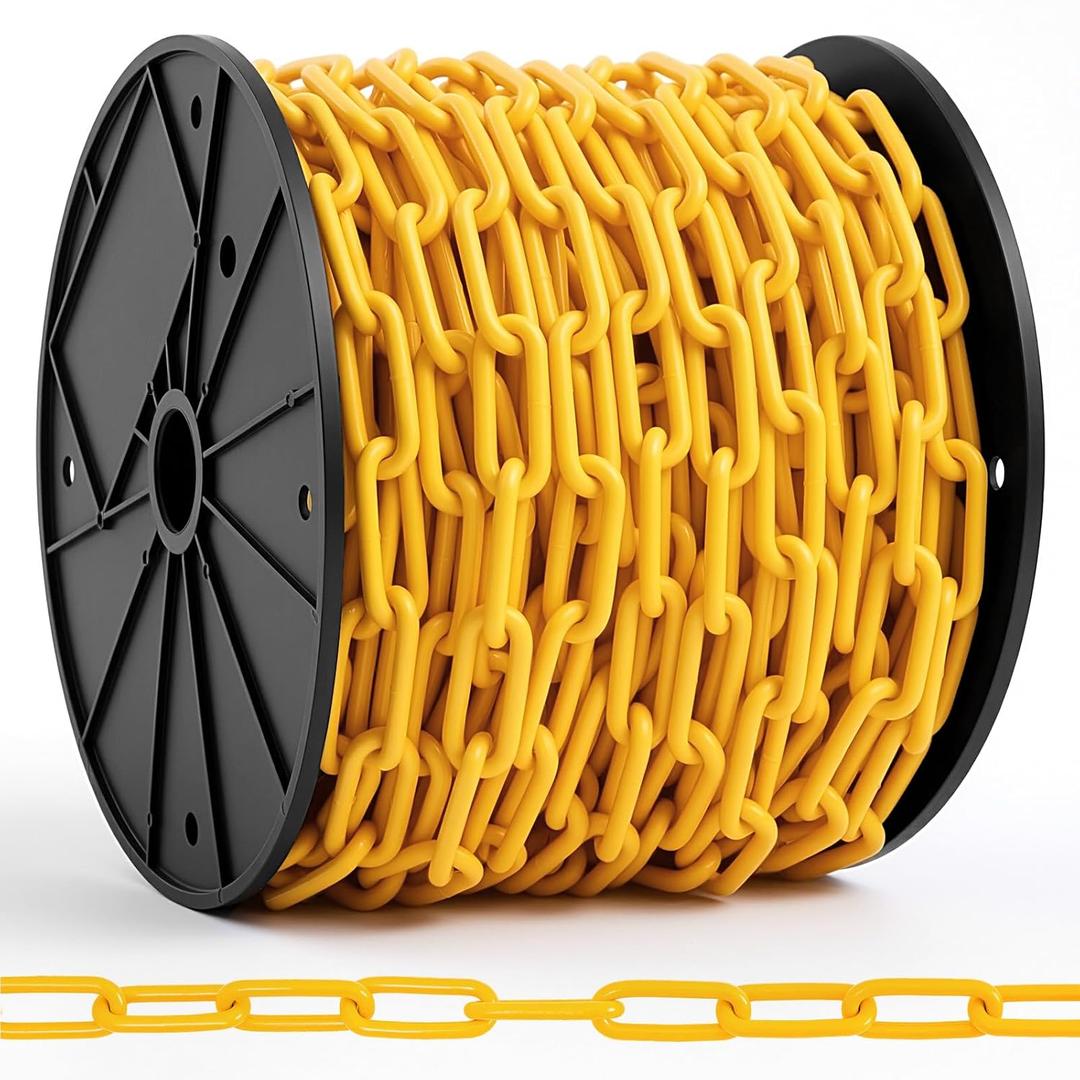 1/4" Yellow Safety Chain on Reel 100FT, Heavy Duty Welded Steel Barrier Chain with Spool, High Visibility Industrial for Crowd Control, Parking Lot, Driveway Safety, Construction Zones