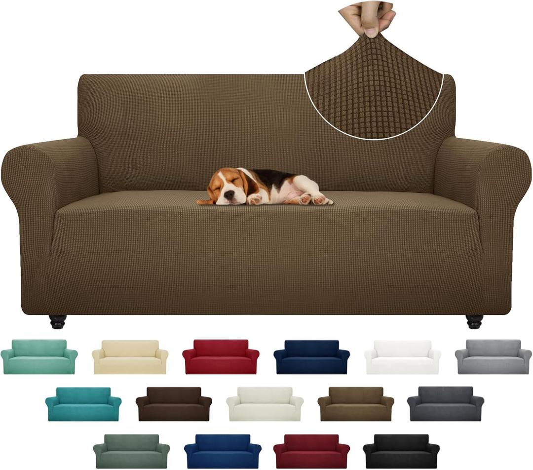 ZNSAYOTX Super Stretch Couch Cover (72"-92") Universal Sofa Covers with Elastic Bottom, Dog Cat Pets Friendly Washable Furniture Protector Fitted Sofa Slipcovers Stay in Place (Brown, Sofa)