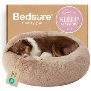Bedsure Calming Dog Beds Large Sized Dog - Donut Washable Large Pet Bed, 36 inches Anti-Slip Round Fluffy Plush Faux Fur Dogs Bed, Fits up to 80 lbs Pets, Camel