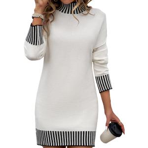 Color Block Sweater Dress for Women Mini - Long Sleeve, Mock Neck, Short Knit Dresses, Casual Fall Dresses (Medium, White)