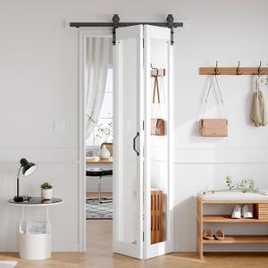 FREDBECK Bifold Barn Doors Double 16x84 with Mirror for Closet,White,Hardware Included