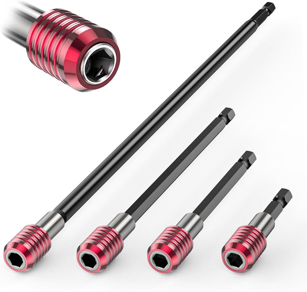 4PCS Drill Bit Extension Set, 1/4" Hex Shank Magnetic Bit Holder in 2", 4", 6", 12" Lengths, Cr-V Steel for Impact Driver, Screwdriver Bits, Nuts & Sockets