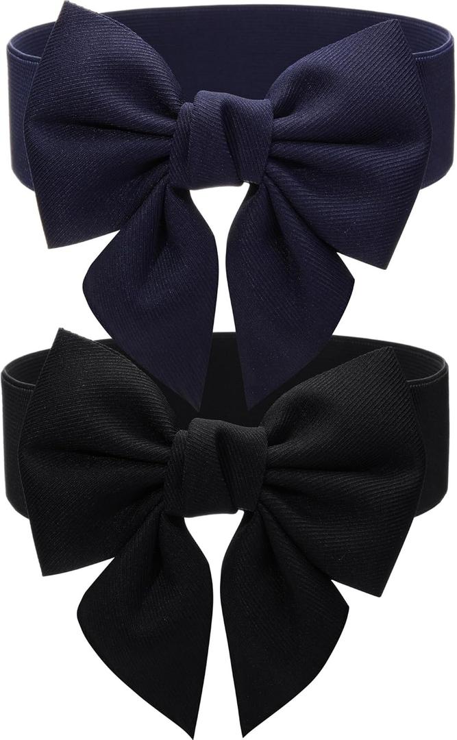 Skicuff 2 Pcs Women's Vintage Bowknot Belt with Elastic for Dresses Stretch Cinch Belts Dress Party Accessories (Black, Navy Blue)